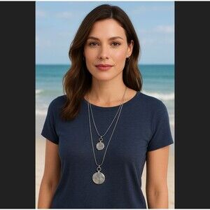 J. Jill Multi Strand Double Circle Hammered Pendant Necklace Silver Adjustable